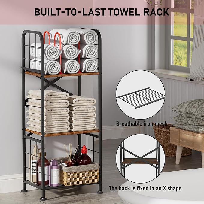 GIOTORENT Bathroom Towel Storage, 3-Tier Free Standing Towel Rack with M-Shaped Dividers, Wooden Towel Organizer for Bathroom, Towels Stand for Home and Pool, Black and Rustic
