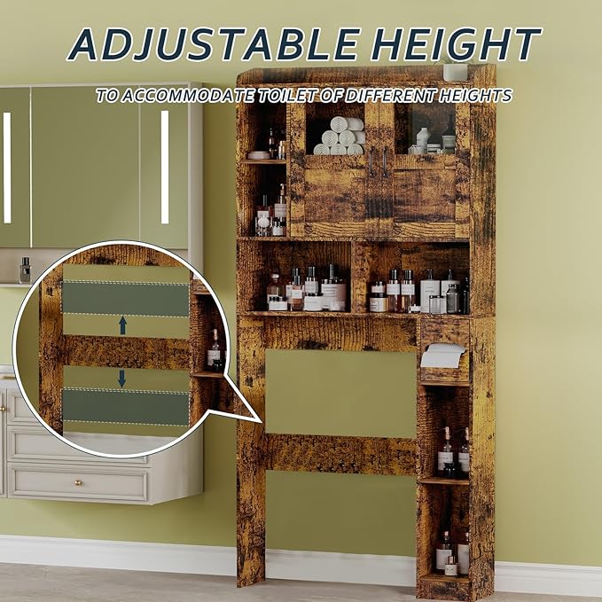 Farmhouse Style Over Toilet Storage Cabinet, 67" Tall Bathroom Organizer Unit with Sliding Barn Doors & Open Shelving for Bathroom, Neutral Wood Grain Finish