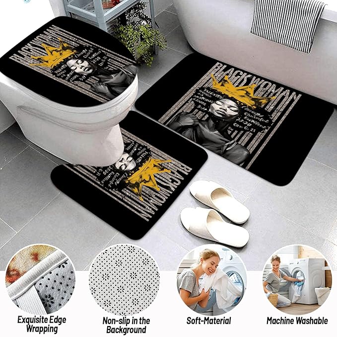 4Pcs Praying Black Queen Shower Curtain Set, Inspirational Quote Afrcian American Woman Shower Curtains with Rugs Toilet Lid Cover Bath Mat, Waterproof Valentine's Day Bathroom Decor Sets