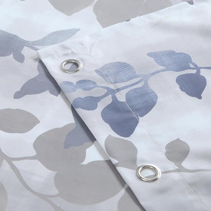 Fabric Shower Curtain 78 Inches Long, Gray and Blue Botanical Branch Leaf Print, Waterproof Bathroom Curtain, 72" W x 78" H
