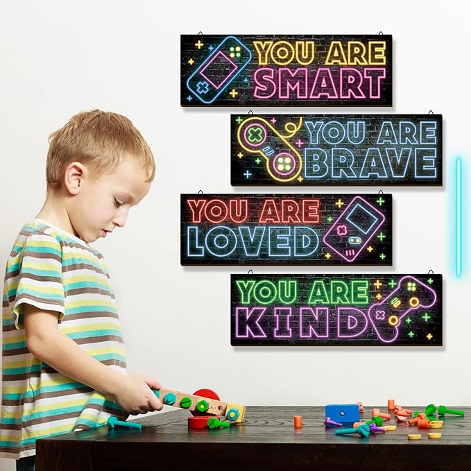 YLOLUL 4 Pieces Neon Gaming Decor for Boys Room Wooden Video Game Wall Art Print 15.7 X 5.1 Inch Motivational Quote Gamer Hanging Plaques Wall Decor for Boys Kids Room Bedroom Playroom Decorations