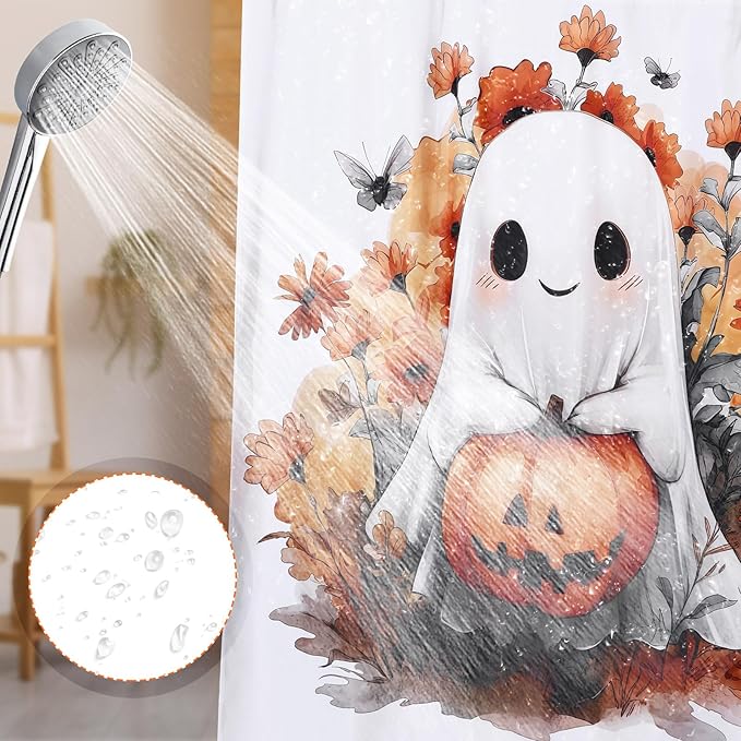 Remagr 4 Pcs Halloween Shower Curtain Set for Bathroom Ghost Pumpkin Halloween Bathroom Curtain Include Ghost Shower Curtains Non Slip Rug Toilet Lid Cover U Shaped Bath Mat and 12 Hooks for Home