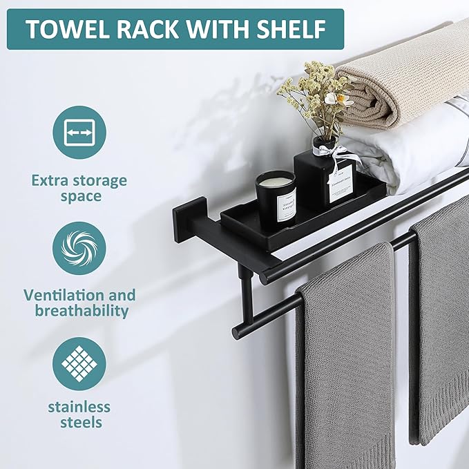 Alise 28 Inch Towel Racks for Bathroom Wall Mounted,Bathroom Towel Rack with Tower Bar,Double Towel Racks for Bathroom,SUS304 Stainless Steel Bathroom Towel Holder Matte Black