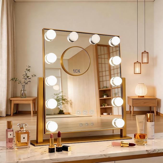 Makeup Vanity Mirror with Lights LED Makeup Mirror Detachable 10X Magnification, Hollywood Make Up Mirror with Lighting, Smart Touch, Rechargeable,360° Rotation, Gold 17.12"x13.77"