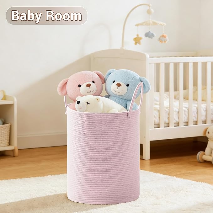 Girls' Tall Laundry Basket with Handles, 58L Portable Dirty Clothes Hamper, Boho Cotton Rope Storage Bin for Blankets Kids Toys Gifts, Decorative Organizer for Nursery Bedroom Bathroom, Pink