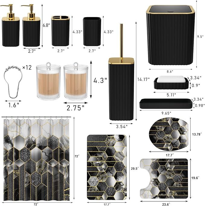XLHOMO Bathroom Set - 26PC Bathroom Set with Shower Curtain and Rugs, Bathroom Accessory Set, Black Bathroom Accessories Set, Trash Can & Soap Dispenser