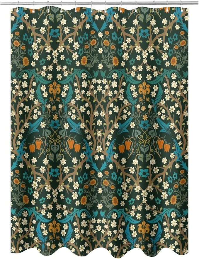Mid Century Vintage Daisy Fabric Shower Curtain,Green Garden Flower William Morris Abstract Art Hotel Quality,Machine Washable,72L x66W for Bathroom.