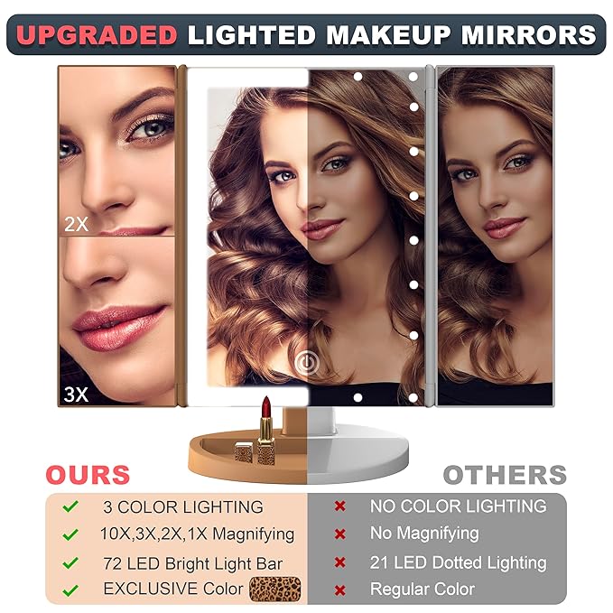 RoLeDo Lighted Makeup Mirror with Magnification 2X 3X 10X, Trifold Vanity Mirror with Lights, 72 LED Mirror, Touch Screen, 3 Color Lighting, Dual Power, Leopard Print, Gifts for Women, Cheetah Print