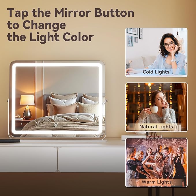 MINISO Vanity Mirror with Lights, 18" x 14" LED Makeup Mirror, Light & Brightness Adjustment, Smart Sensor, 360°Rotation, Aluminum Alloy Metal White Frame, with 10X Magnifying Glass