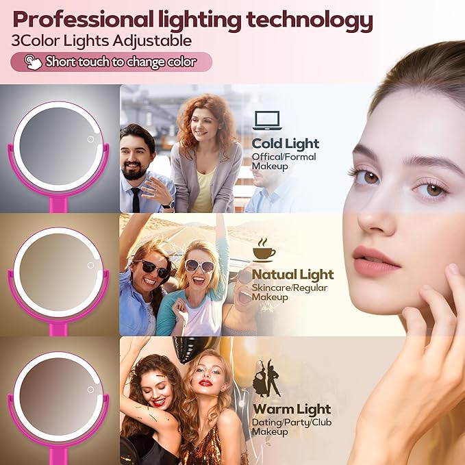 MOMOKUBA Makeup Mirror with Lights, 30X Magnifying & Height Adjustable, Lighted Magnifying Mirror with 3 Light Modes and Stepless Dimming, Vanity Mirrors for Bathroom, Birthday Gift for Women, Hotpink