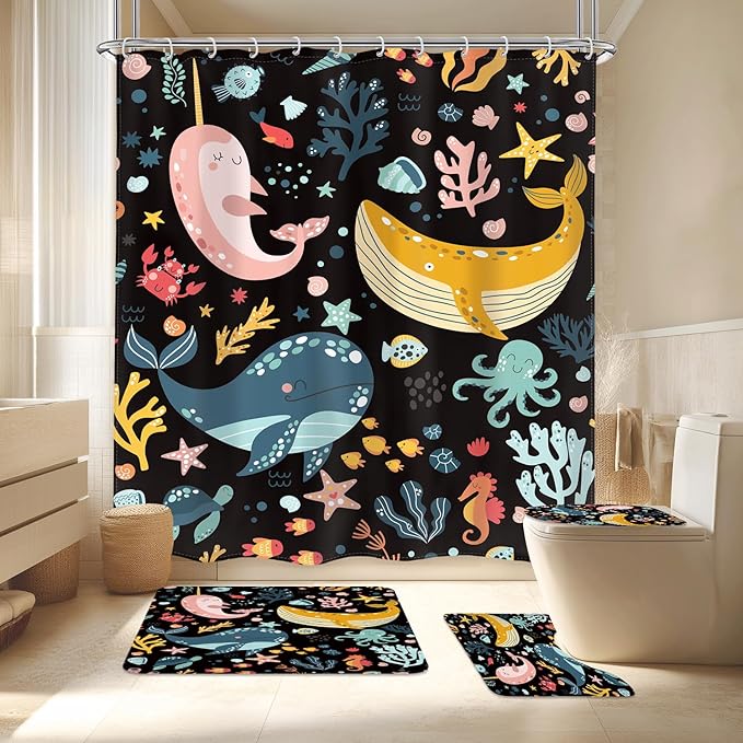 LGhtyro 4PCS Kids Whale Black 71Wx71H Inches Ocean Cartoon Fish Underwater Sealife Shower Curtain Sets with Rugs,Toilet Lid Cover and Bath Mat,Cute Bath Accessories Art Home Decor Fabric 12 Pack Hooks