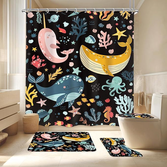 LGhtyro 4PCS Kids Whale Black 71Wx71H Inches Ocean Cartoon Fish Underwater Sealife Shower Curtain Sets with Rugs,Toilet Lid Cover and Bath Mat,Cute Bath Accessories Art Home Decor Fabric 12 Pack Hooks