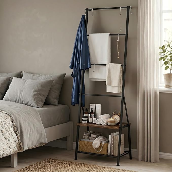 CADUKE Blanket Ladder with Storage Shelf, Blanket Rack with 8 Removable Hooks, Towel Ladder for Bathroom Living Room and Bedroom, Rustic Brown