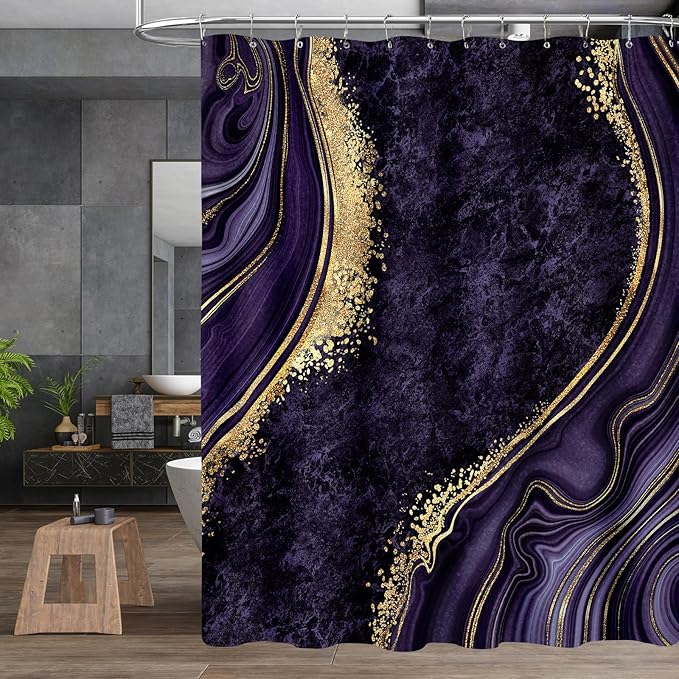 4PCS Purple Gold Marble Shower Curtain Sets with Rugs, Abstract Bathroom Sets with Shower Curtain and Rugs, Modern Bathroom Curtains Shower Set with Accessories for Bathroom Decor