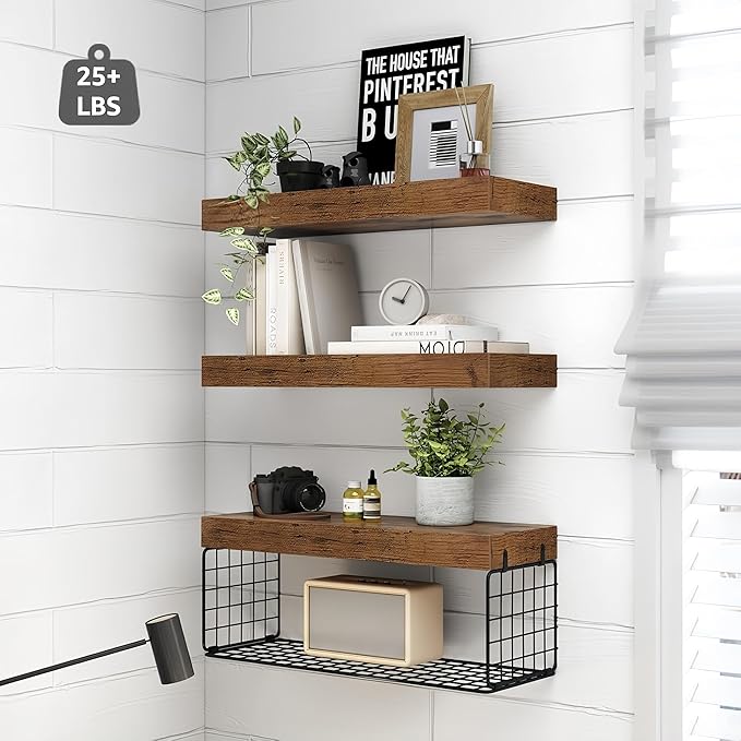Bathroom Shelves Over Toilet - Heavy Duty Storage Rack, 25+ lbs Weight Capacity, Minimalist Design Wall Mounted Floating Shelves Toilet Paper Storage Farmhouse Decor Shelf 16 inch (Brown, General, 3)