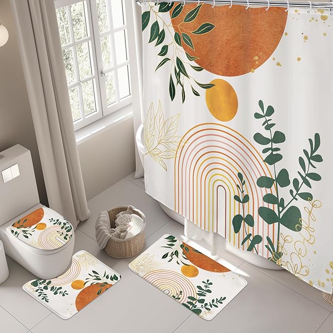 Riyidecor Mid Century 4Pcs Bathroom Shower Curtain Sets Abstract Aesthetic Geometric Bathroom Decor Set with Rugs and Accessories Modern Minimalist Toilet Lid Rug, Contour and Bath Mat with 12 Hooks