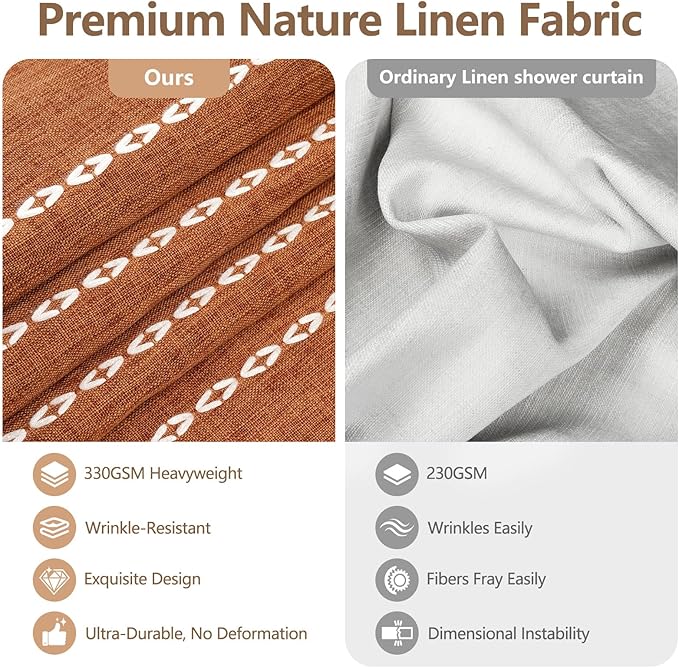 72 x 76 inch Extra Long Boho Chic Shower Curtain Heavyweight with Tassels, Sunset Orange Linen Textured Fabric Farmhouse Shower Curtain, Elegant White Striped Bathroom Curtain Water Repellent
