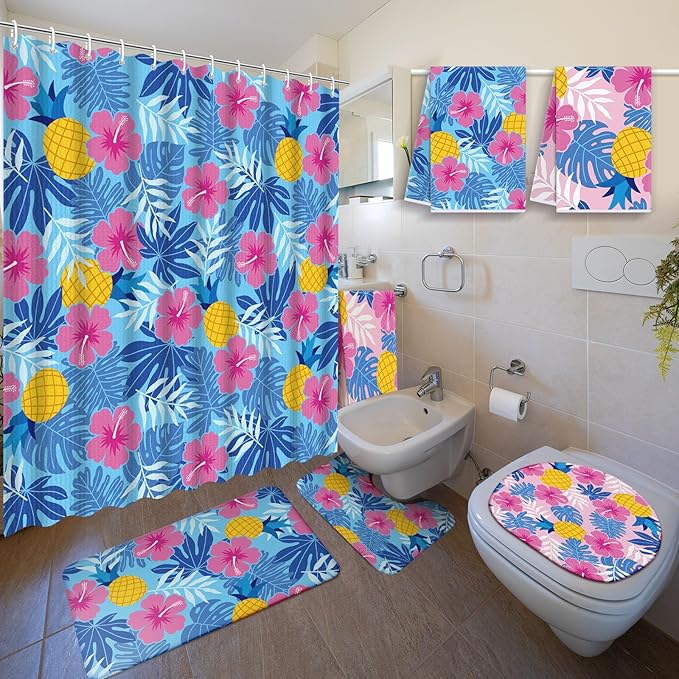 Nuanchu 6 Pcs Hawaiian Shower Curtain Set with Rug Blue Pink Flower Hibiscus Bathroom Sets with Shower Curtain Bath Mat U Shaped Mat Toilet Lid Cover 2 Bath Towels and 12 Hooks Hawaiian Bathroom Decor