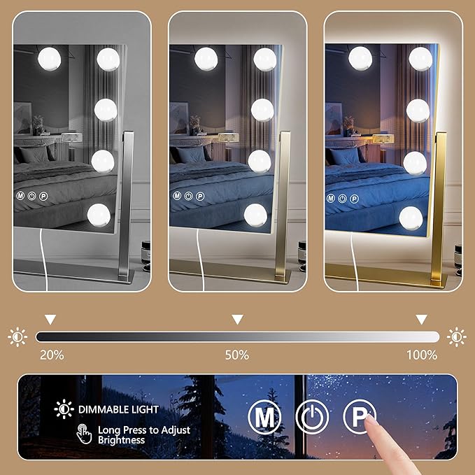 Moonee Gold Vanity Mirror with Lights, Hollywood Lighted Makeup Mirror with 9 Dimmable Bulbs and 10X Magnification 360°Rotation, 3 Colors Modes, Light Up Mirror for Tabletop（12" x 14"）
