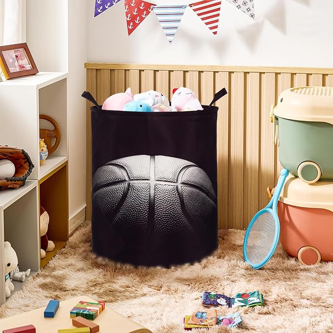 2Pcs Basketball Cute Kids Laundry Basket Baby Nursery Hamper Boys Room Decor Foldable Oxford Cloth Funny Tote Clothes Storage Bucket Organizer For Bedroom (Basketball)