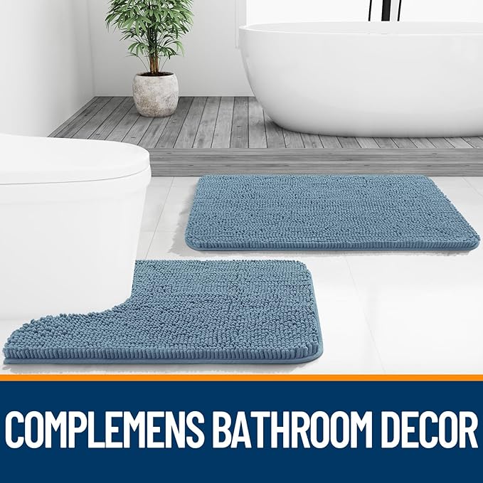 OLANLY Bathroom Rugs 24x16, Extra Soft Absorbent Chenille Bath Rugs, Rubber Backing Quick Dry, Machine Washable Bath Mats for Bathroom Floor, Tub and Shower, Home Decor Accessories, Airy Blue