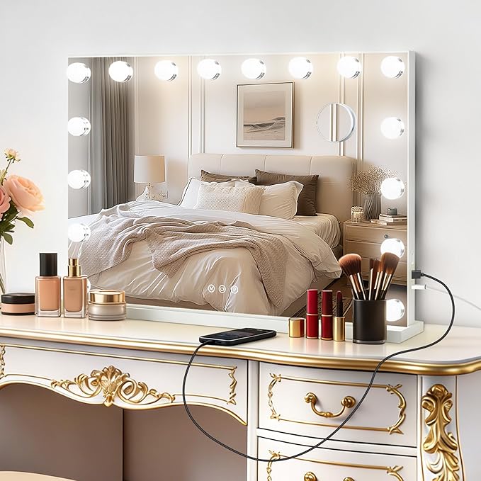 Moonee Vanity Mirror with Lights, Hollywood Lighted Makeup Mirror with 17 Dimmable Bulbs and 10X Magnification, 3 Colors Modes, Aluminum Metal Frame, Light Up Mirror for Tabletop/Wall（26" x 20"）