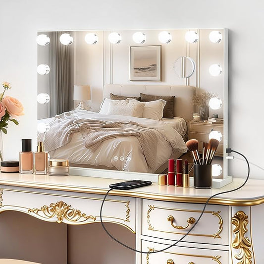Moonee Vanity Mirror with Lights, Hollywood Lighted Makeup Mirror with 17 Dimmable Bulbs and 10X Magnification, 3 Colors Modes, Aluminum Metal Frame, Light Up Mirror for Tabletop/Wall（26" x 20"）