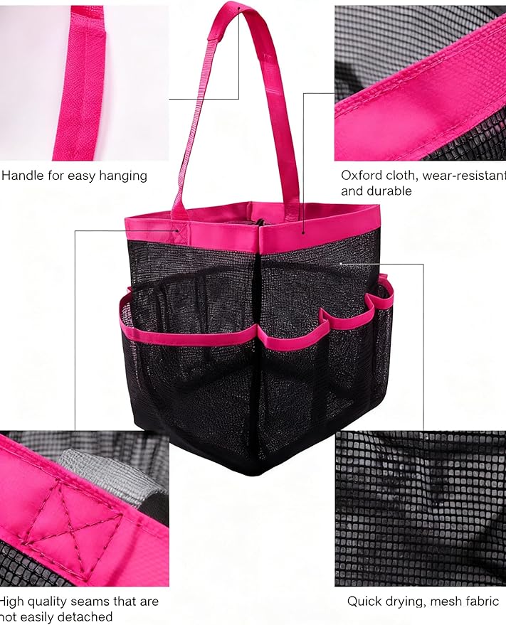 Mesh Shower Caddy Bathroom Portable College Dorm Essentials for Girls Guys Shower Tote Beach Camp Travel Hanging Toiletry Bag Rose