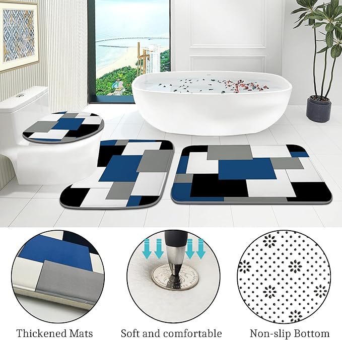 Blue Bathroom Sets with Shower Curtain and Rugs, 4 Piece Geometric Bathroom Shower Curtain Set with Rugs, Incl Shower Curtain with 12 Hooks, Bath Mat, U-Shaped Floor Mat, Toilet Lid Oval Rug
