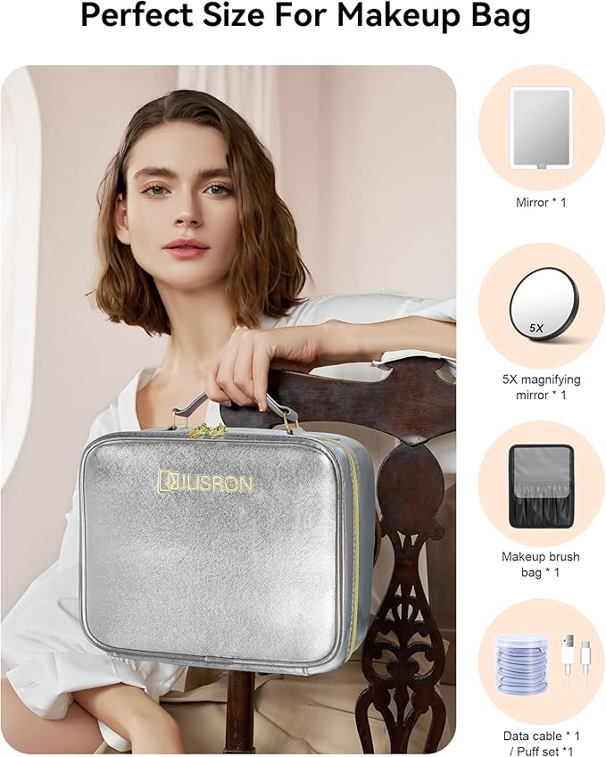 JUSRON Travel Makeup Bag With LED Mirror, Cosmetic Train Case with Light up Mirror, Portable Makeup Artist Organizer Bag with Adjustable Dividers, Makeup Brush Holder Storage (Sliver, Large)