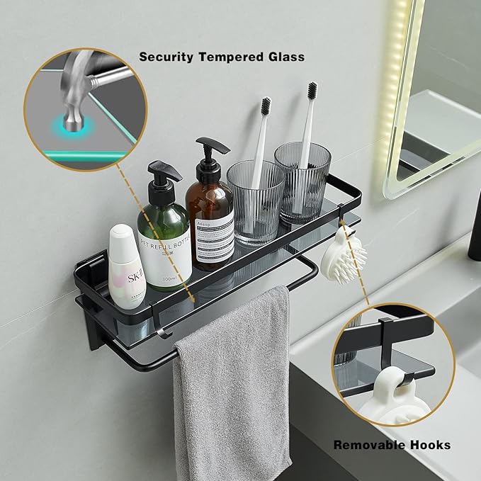VOLPONE Glass Shelf for Bathroom 15.7 in Black Bathroom Shelves Wall Mounted Tempered Glass Shelving with 4 Removable Hooks (2 Tier)