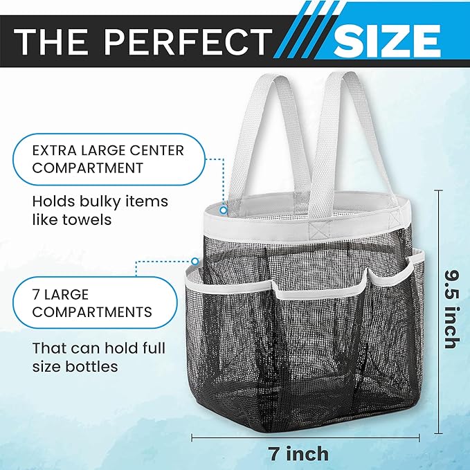 Handy Laundry Mesh Shower Caddy – 7 Pocket Portable Organizer Tote for College Dorm, Gym, Travel & Bathroom – Quick Dry, Collapsible, Lightweight Bag with Reinforced Handles (Black)