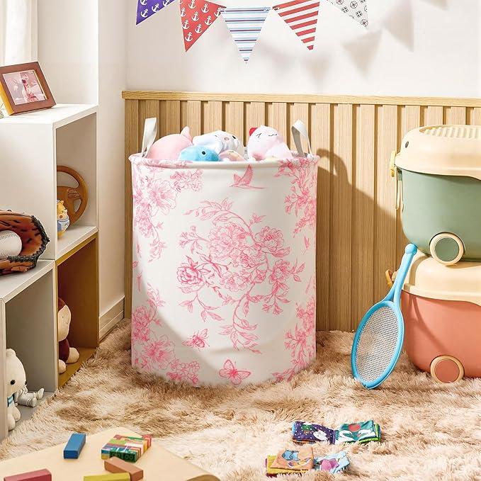 2Pcs Pink Bow Cute Girls Laundry Basket Floral Baby Nursery Hamper Adorable Room Decor Foldable Oxford Cloth Tote Clothes Storage Bucket Organizer For Bedroom Teen Girls Boy (Pink)