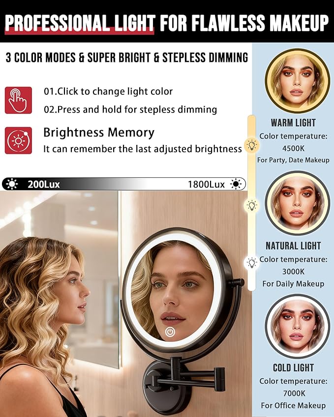10" Large Magnifying Mirror Wall Mounted with Light Hard Wired, 1X/5X Double-Sided LED 3 Colors, Touch Dimmable, Extended Arm 360 Rotation Shaving Light up Mirror for Bathroom, Matt Black