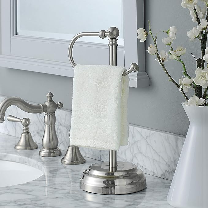 SunnyPoint Heavy Weight Classic Decorative Metal Fingertip Towel Holder Stand for Bathroom, Kitchen, Vanity and Countertops. (Brush Chrome, Overall: 6.7" x 5.5"x13.4"H)