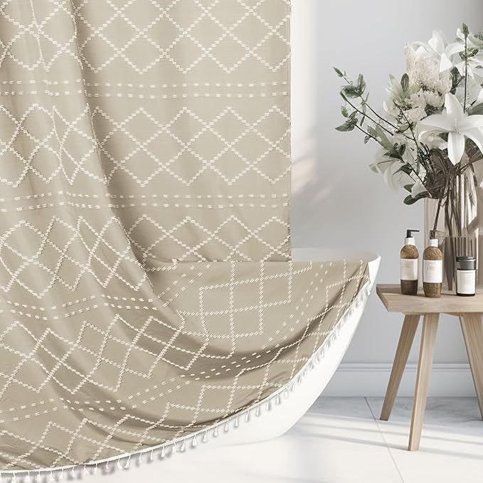 Beige Boho Woven Fabric Cute Shower Curtain, 72 x 72 Tufted Chevron Textured Striped Modern Farmhouse Minimalist Cloth Shower Curtain for Bathroom
