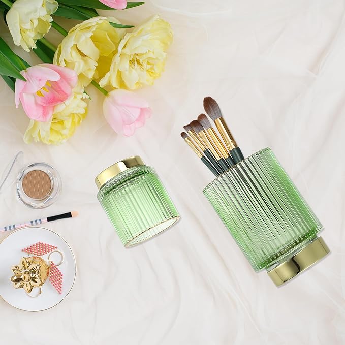 VOCOSTE Makeup Brush Holder Organizer, Glass Makeup Brushes Holder, Cosmetic Brushes Storage Holder, Dresser Striped Vase Make Up Brush Cup Eyeliners for Desktop, Green, S Size