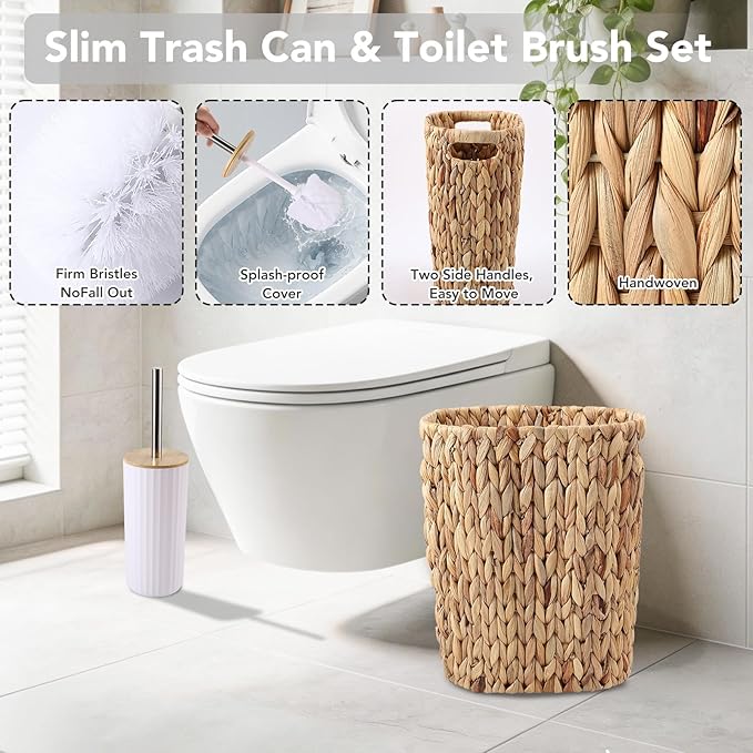 Bathroom Accessories Set, 25PCS Wicker Bathroom Accessory Set with Shower Curtain, Bath Mat, Soap Dispenser, Handwoven Trash Can & Ratten Tissue Box (White, Bath Set+Shower Curtain+Rugs)