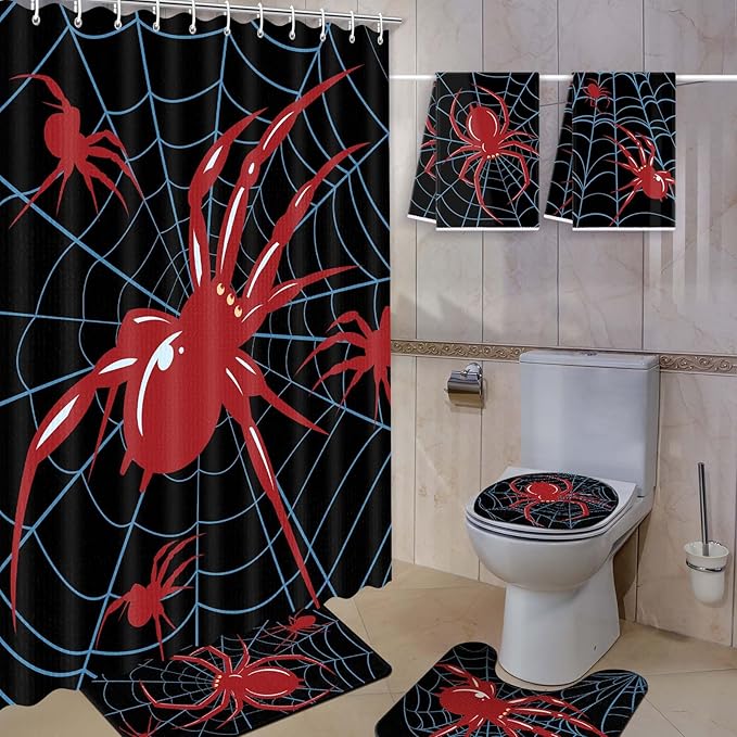 Nuanchu 6 Pcs Spider Shower Curtain Set with Rug Bathroom Sets with Shower Curtain Bath Mat U Shaped Mat Toilet Lid Cover 2 Bath Towels and 12 Hooks Spider Bathroom Decor