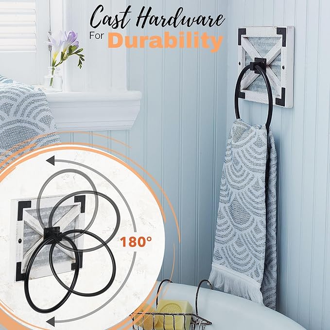 Autumn Alley Farmhouse White Hand Towel Holder Ring with Bracket - Rustic Hand Towel Holder - Towel Rings for Bathroom Wall Mounted Decor Mix of Wood, Galvanized Metal & Black Rings, White
