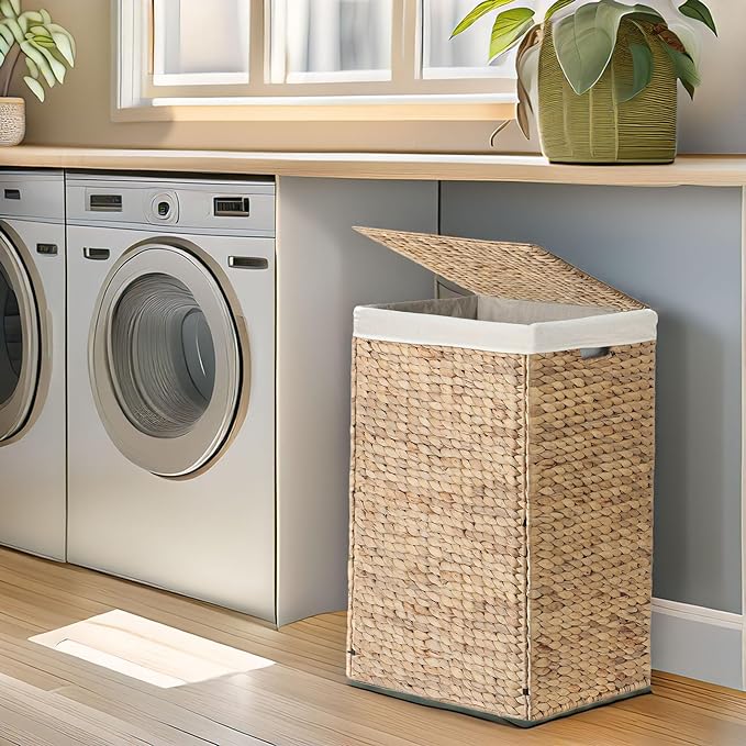 Nivora Water Hyacinth Laundry Hamper Brown 15 x 11.8 x 24 Inches - 64 Liters/18 Gallons with Removable Liner - Woven Organizer for Dirty Clothes, Bedroom Laundry, or Bathroom Towel Storage