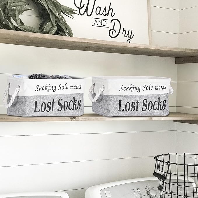 2 Pack Lost Socks Basket for Laundry Room, Fabric Missing Sock Holder for Single Sock Organization, Collapsible Lost Socks Bin Stockings Container, Farmhouse Laundry Room Decor and Accessories