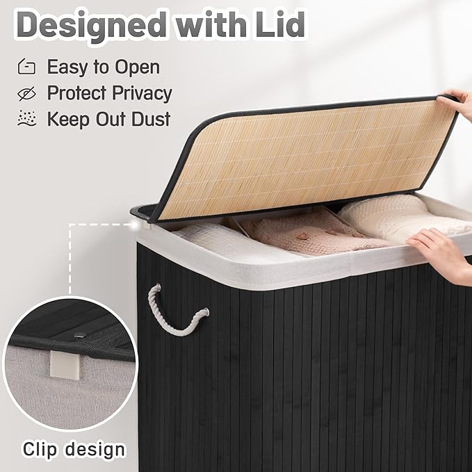 Aliphon 150L Laundry Hamper with lid, 3-Section Clothes Laundry Basket with Handles, Large Collapsible Bamboo Baskets for Bedroom, Bathroom, Dorm, Ink Black