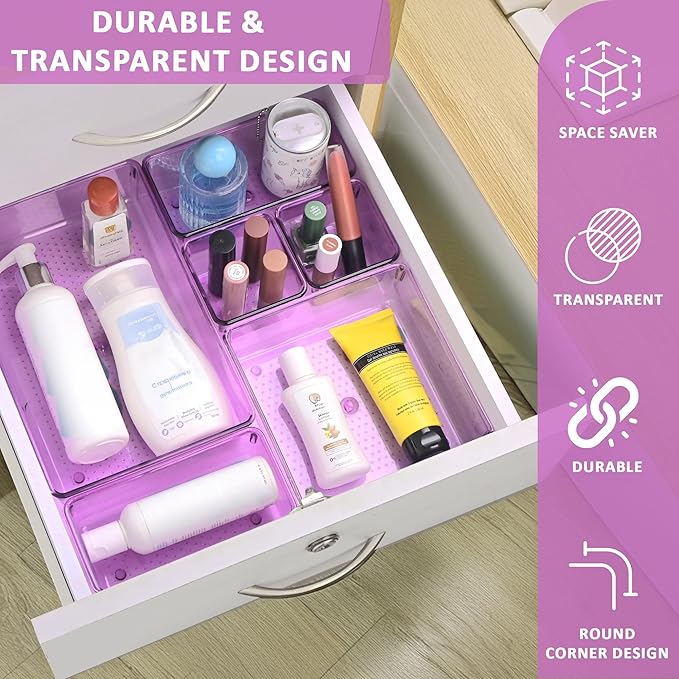 Kuber Industries 8 Pcs Acrylic Transparent Cosmetic Organizer Tray | Drawers Organisers for Kitchen, Office and Bathroom Vanity Makeup | Stationery Storage Drawer Divider Tray | Purple