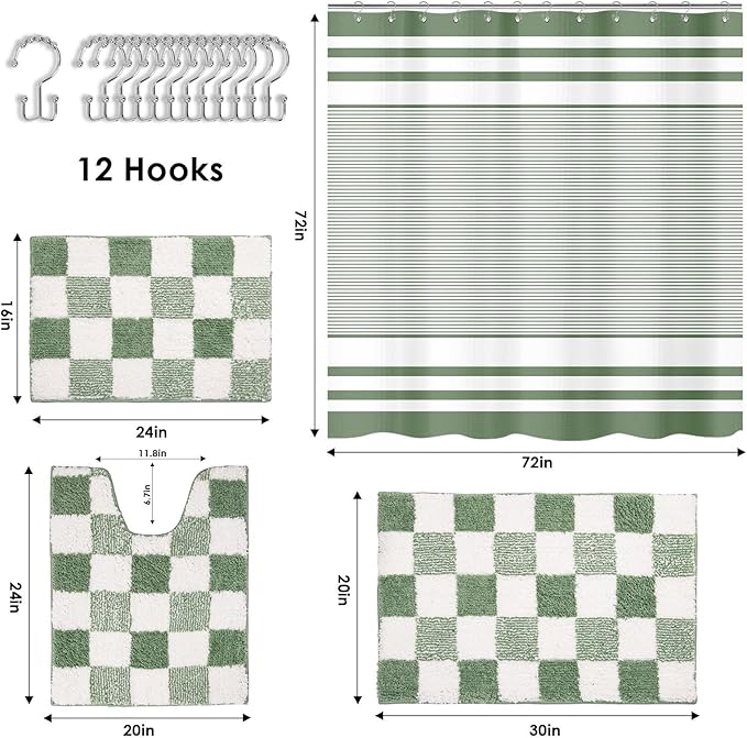Britimes Sage Green Bathroom Sets with Shower Curtain and Rugs, Modern Striped Checkerboard Waterproof Shower Curtain Liner and Soft Non Slip Bath Mat for Bathroom Decor and Accessories Hooks