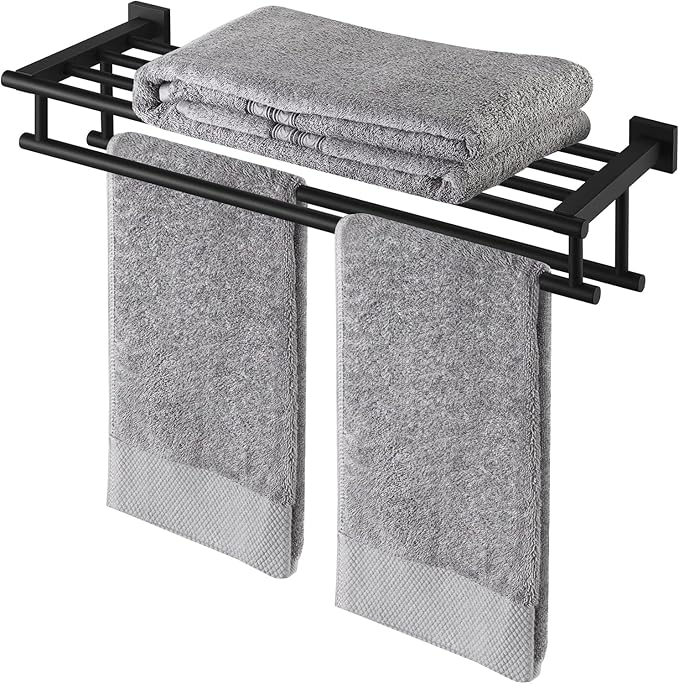 KES Towel Rack with Double Towel Bar 24 Inch Bathroom Hotel Shower Shelf SUS304 Stainless Steel Modern Wall Mounted Holder Matte Black, A2112S60-BK