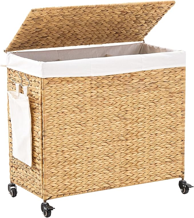 Handwoven Hamper with Lid, Laundry Basket with Wheels, Machine Washable Liner, 3 Section Clothes Hamper for Bathroom Laundry Room Bedroom(Natural, 165L)