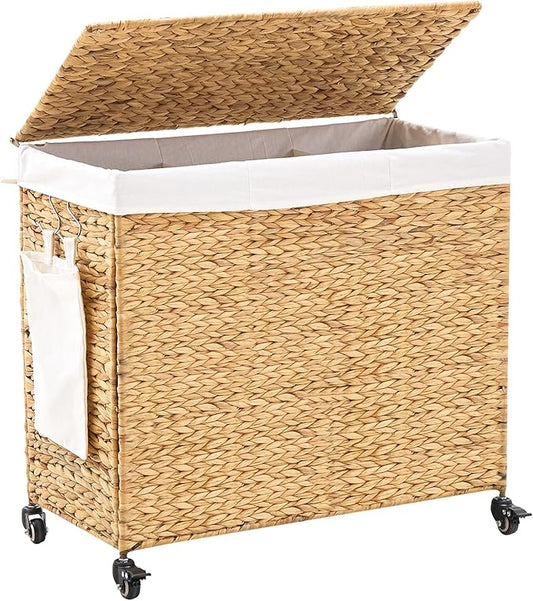 Handwoven Hamper with Lid, Laundry Basket with Wheels, Machine Washable Liner, 3 Section Clothes Hamper for Bathroom Laundry Room Bedroom(Natural, 165L)