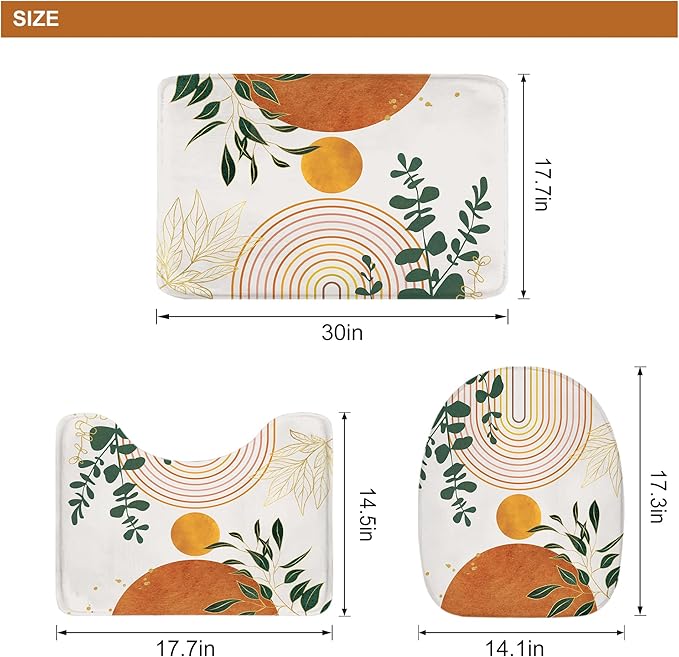 Riyidecor Mid Century 4Pcs Bathroom Shower Curtain Sets Abstract Aesthetic Geometric Bathroom Decor Set with Rugs and Accessories Modern Minimalist Toilet Lid Rug, Contour and Bath Mat with 12 Hooks
