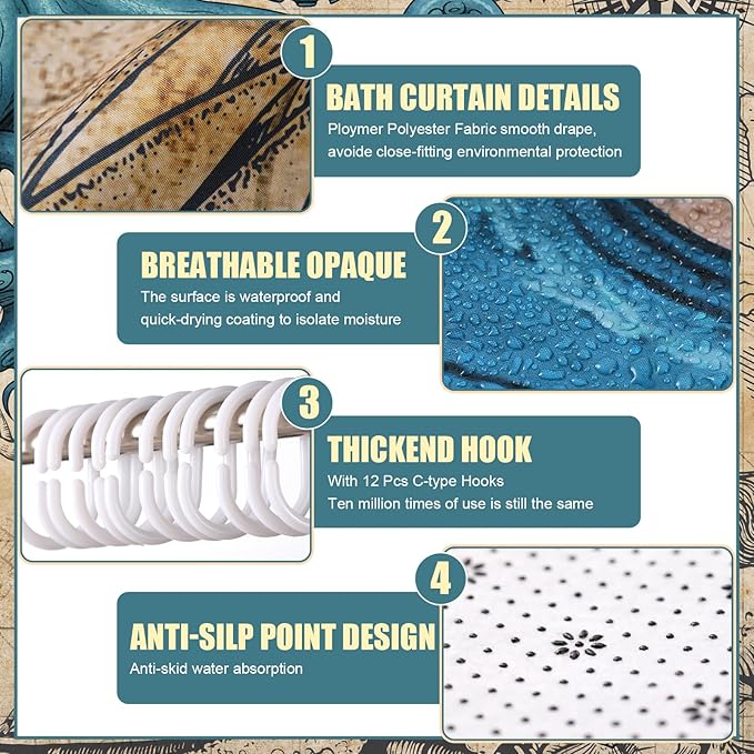 Nuanchu 6 Pcs Vintage Nautical Octopus Shower Curtain Set with Rug Retro Coastal Bathroom Set with Shower Curtain Bath Mat U Shaped Mat Toilet Lid Cover 2 Bath Towels and 12 Hooks Ocean Bathroom Decor